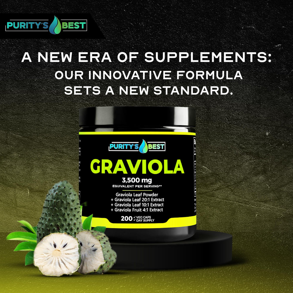 Close-up of Purity's Best Graviola capsules showing vegan formula.