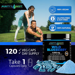 Purity's Best Wild Blueberry Extract scoop image emphasizing concentrated extract blends for dosage flexibility.