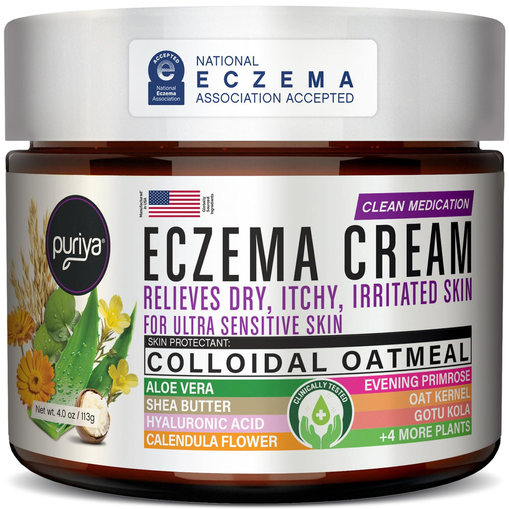 Puriya 5-in-1 eczema cream tub closeup shows creamy soothing formula for dry skin relief