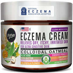 Puriya 5-in-1 eczema cream tub closeup shows creamy soothing formula for dry skin relief