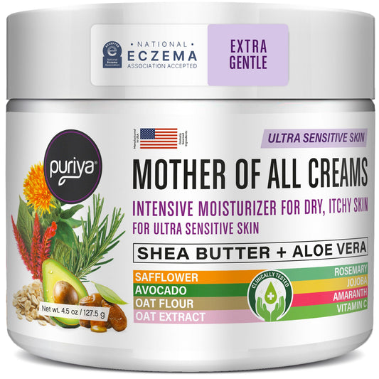 Puriya National Eczema Association cream tub shows 4.5 oz packaging for soothing hydration.