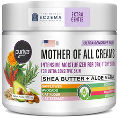 Puriya National Eczema Association cream tub shows 4.5 oz packaging for soothing hydration.