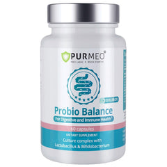 Purmeo Digestive Probiotics bottle showing Lab4 strains for gut support
