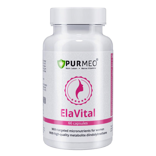 Purmeo ElaVital bottle front showing daily hormonal balance support.