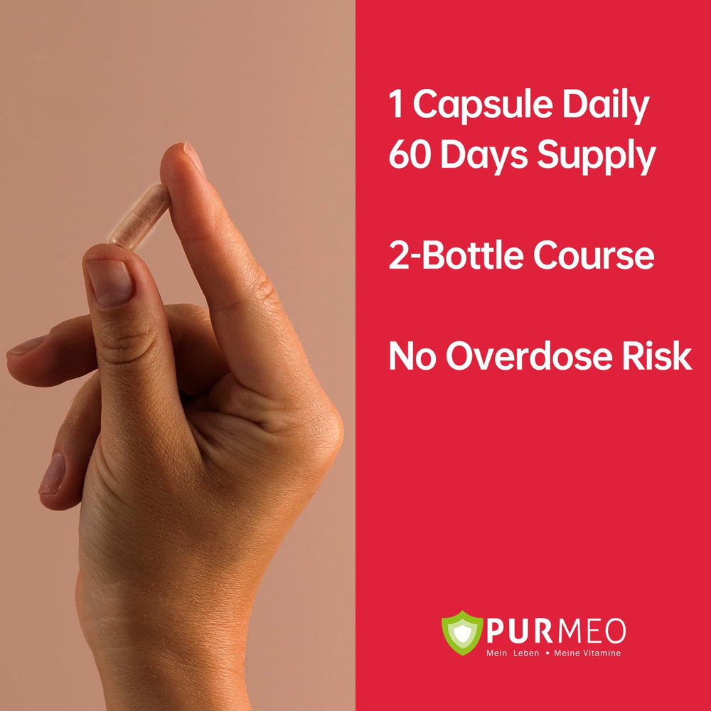 Purmeo Tinnitus Relief bottle with water glass for easy intake.