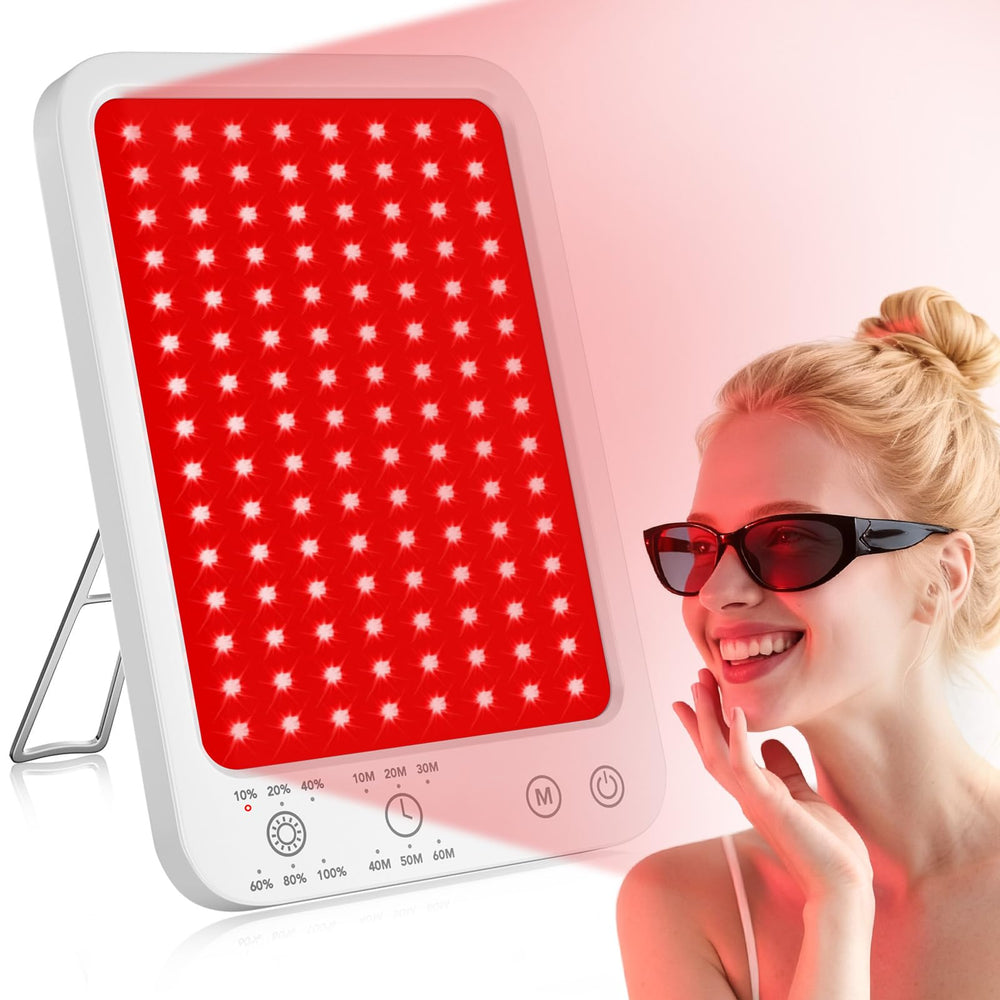 Puroth red light panel face closeup highlighting skincare benefits