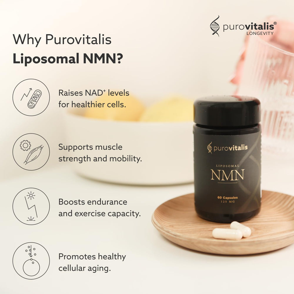 Close-up of Purovitalis NMN capsules highlighting compact, easy-to-swallow dosage.