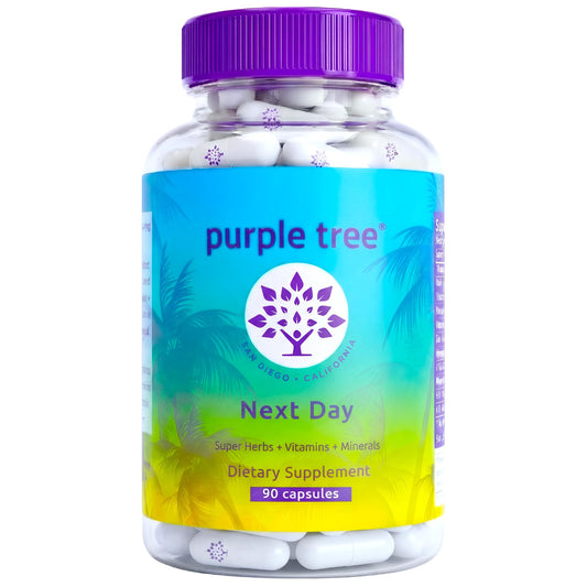 Purple Tree Next Day bottle close-up with white capsules for next-day balance.