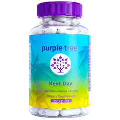 Purple Tree Next Day bottle close-up with white capsules for next-day balance.