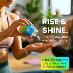 Purple Tree Next Day capsules closeup highlighting coated capsules for smoother morning recovery