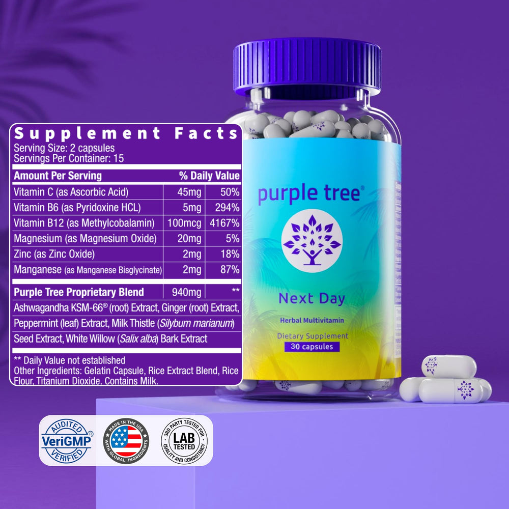 Purple Tree Next Day ginger and peppermint scent and leaves illustration
