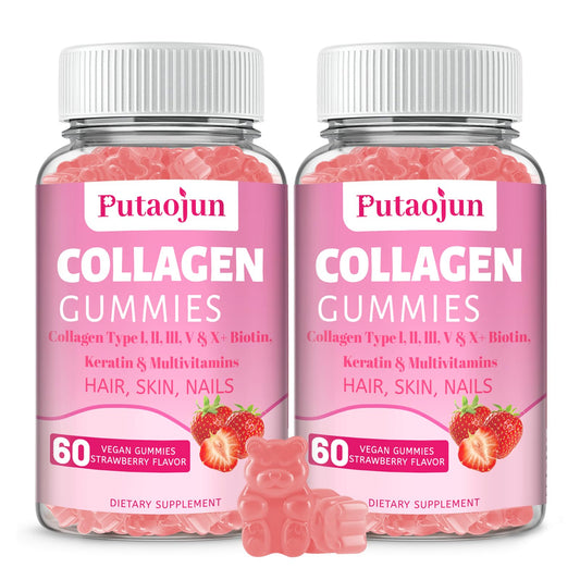 Putaojun Collagen Gummies bottle front with strawberry flavor supports hair and skin wellness.