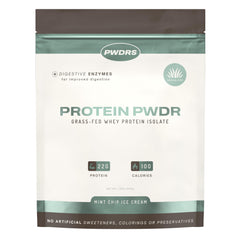 PWDRS Mint Chip whey isolate tub shows pure protein from grass-fed sources for workouts.
