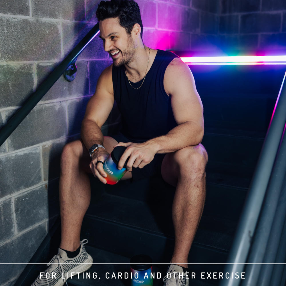 PWDRS pre-workout bottle at gym setup signals clean energy