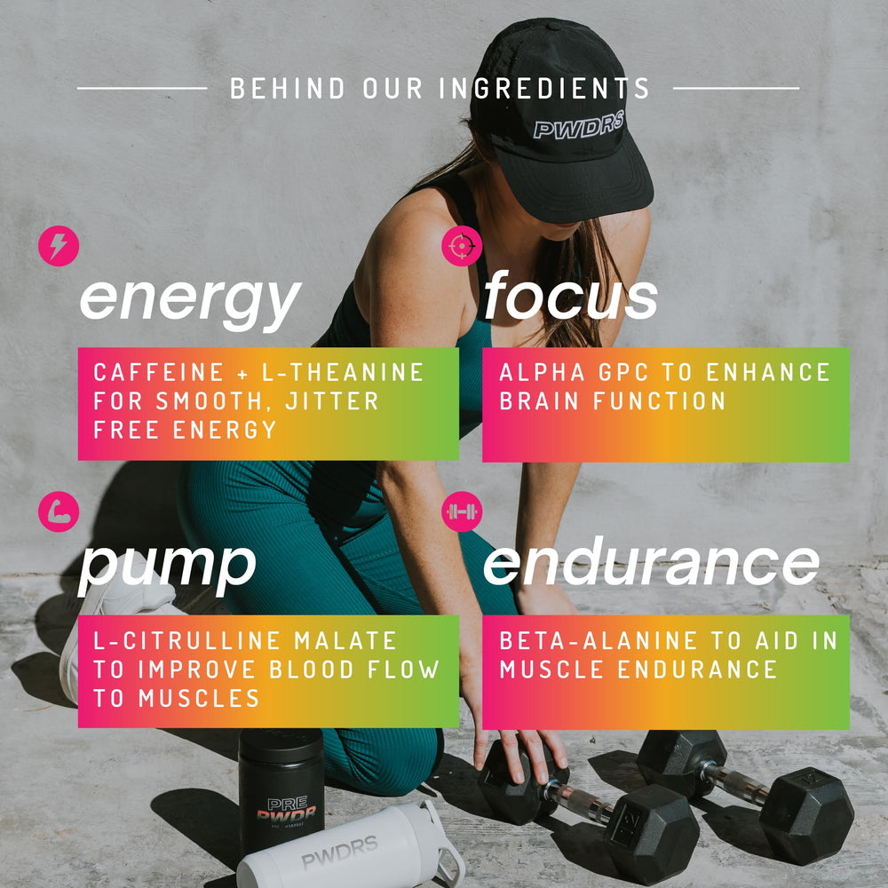 PWDRS Pre-Workout scoop in water shows quick dissolving energy and focus.
