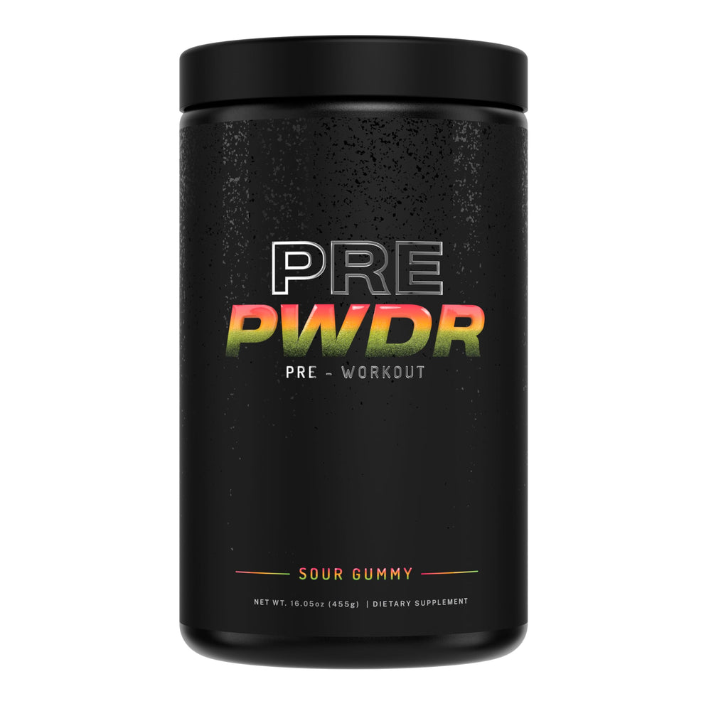 PWDRS Pre-Workout tub highlights all-natural ingredients for clean energy and endurance.