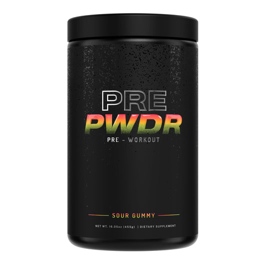 PWDRS Pre-Workout tub highlights all-natural ingredients for clean energy and endurance.