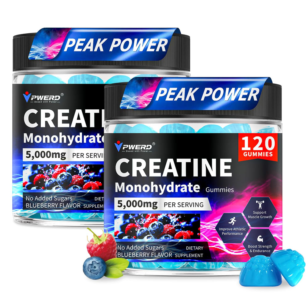 PWERD creatine gummies bottle on desk, convenient daily energy support for workouts.