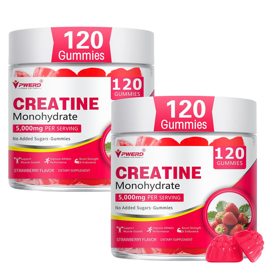 PWERD creatine gummies strawberry bottle for daily energy support.