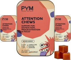 PYM Health Attention Chews bottle shows caffeine-free focus support for study and work