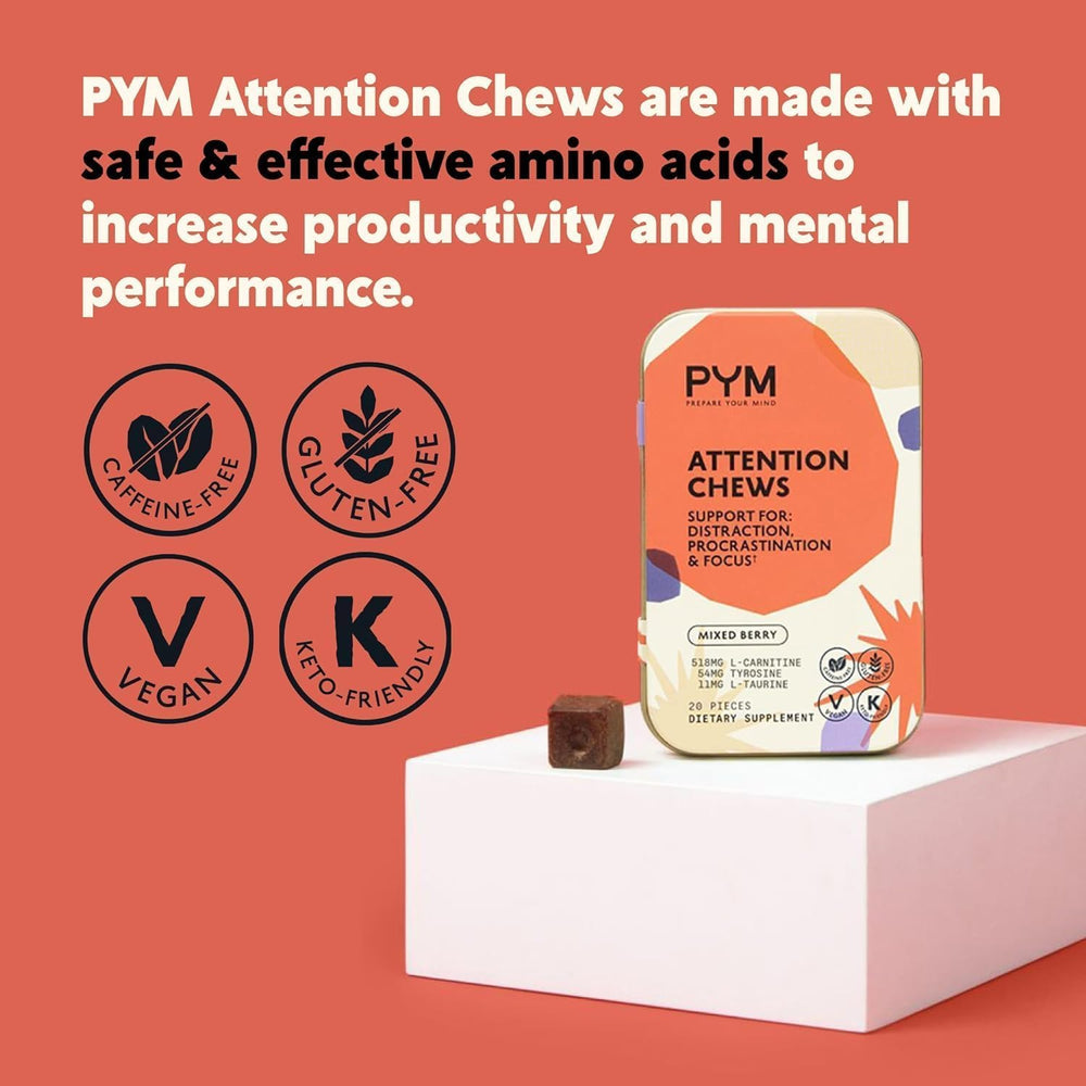 Serving suggestion for PYM Attention Chews showing two-chew option for focus