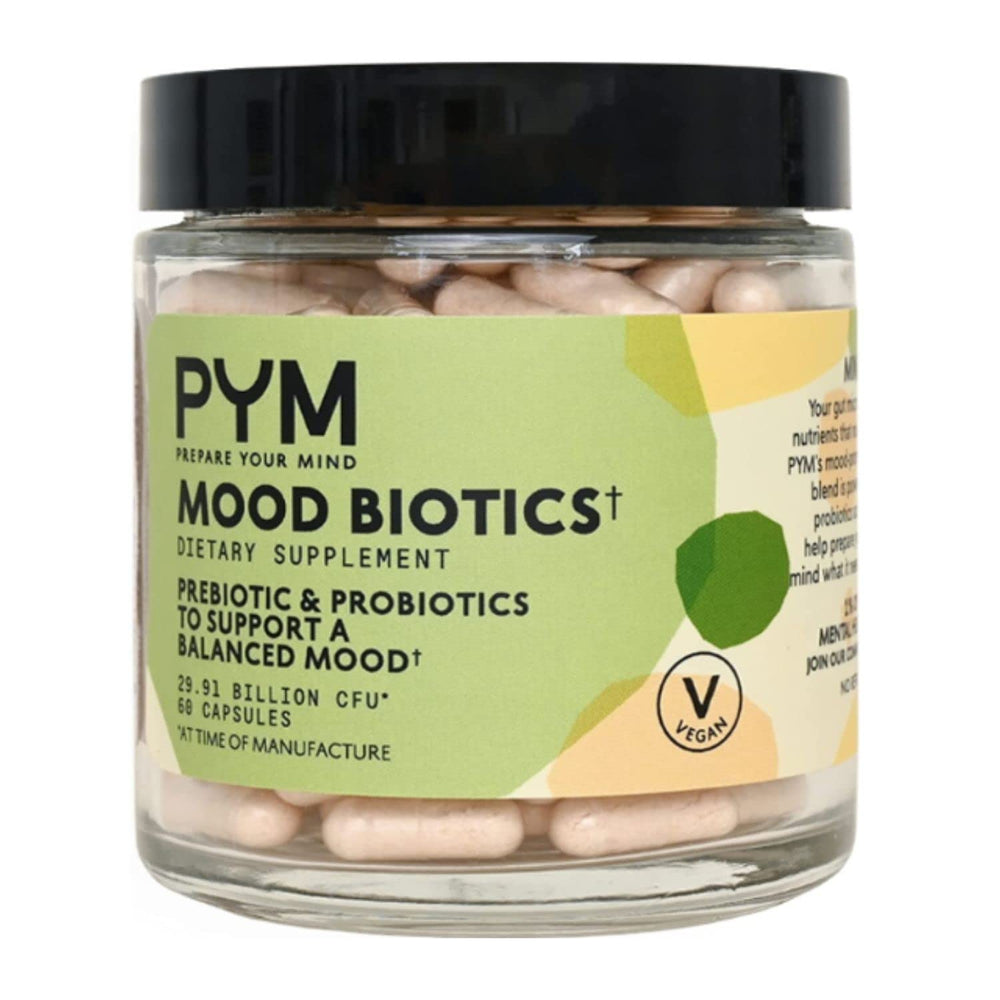 PYM Health Mood Biotics bottle close-up supporting gut-brain wellness