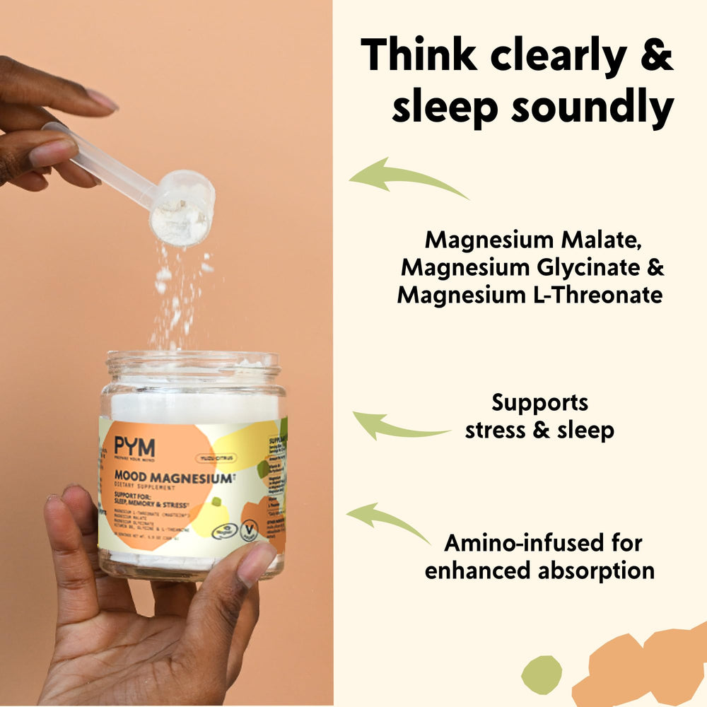 Glass with yuzu-flavored PYM Mood Magnesium drink, citrus mood boost