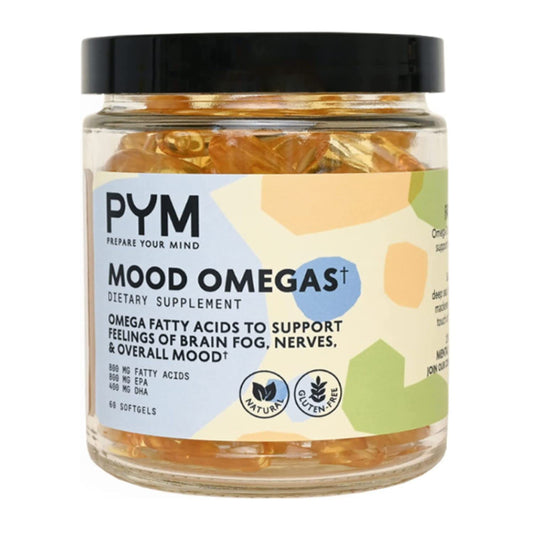 PYM Mood Omegas bottle front showing brand and label for mood support