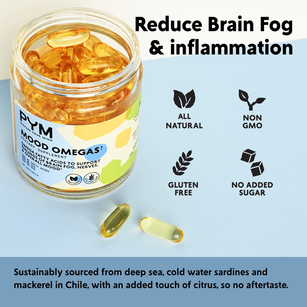 PYM Omega-3 bottle label indicating non-GMO and gluten-free features