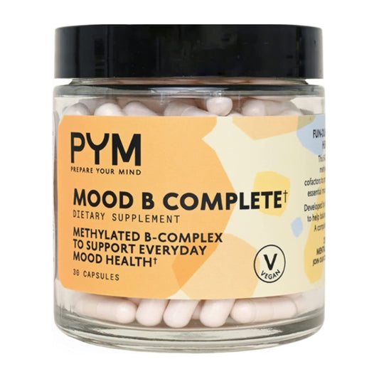 PYM Health Mood B Complete bottle showing mood-support formula for daily energy and balance.