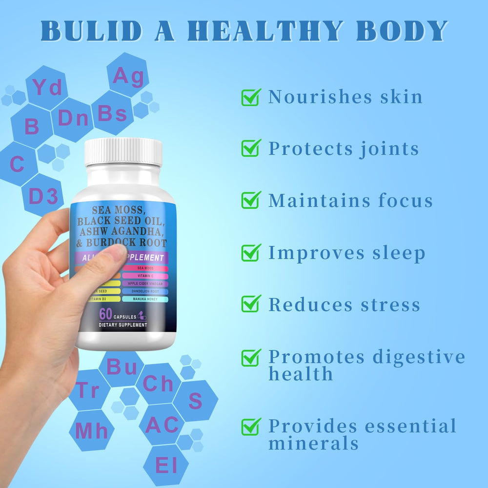 Pyzor Sea Moss bottle side label shows key nutrients for daily support.