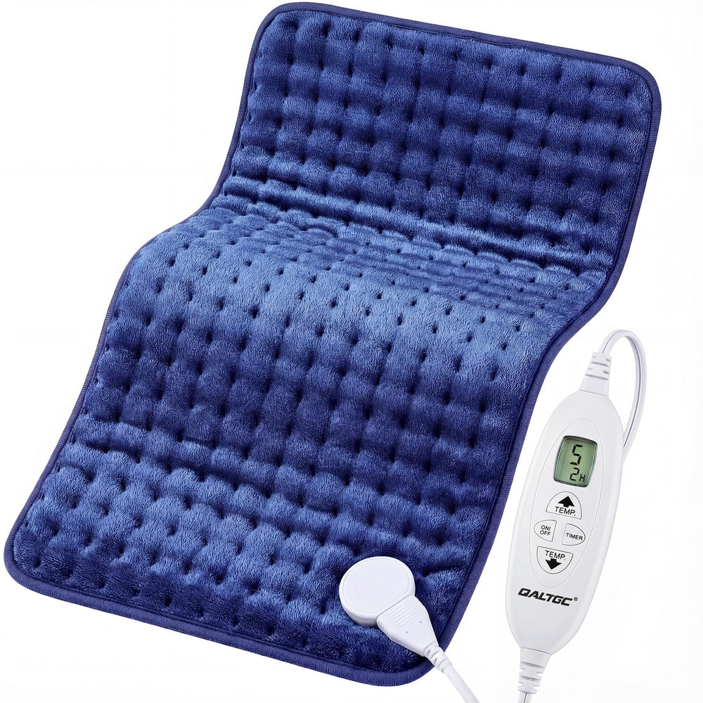Qaltgc electric heating pad in dark blue front view offers soothing warmth.