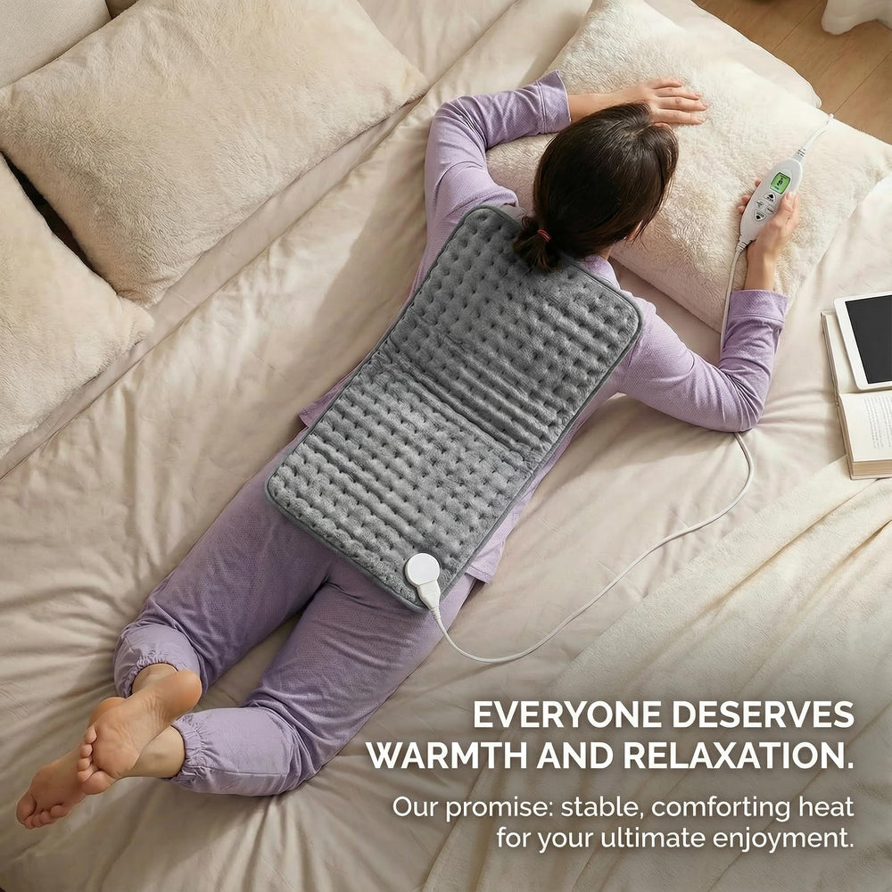 Qaltgc heating pad nine-foot cord enables flexible placement.