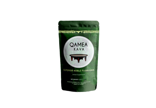 Qamea Kava Noble Root bottle close-up highlighting premium powder quality.