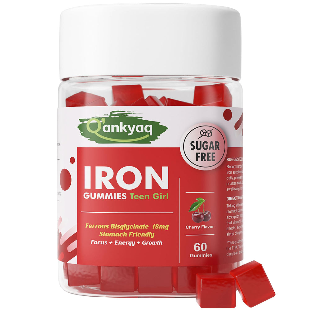 Q'ankyaq iron gummies bottle front showing gentle iron for teen girls health.