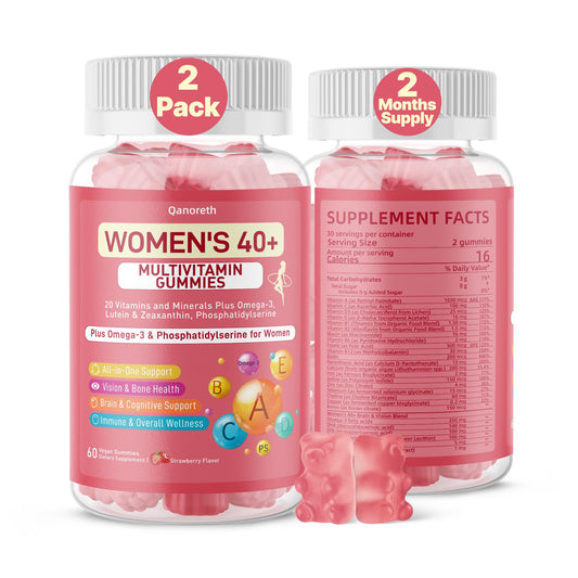 Qanoreth Women 40+ multivitamin bottle promoting daily energy and bone support