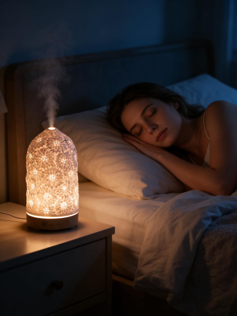 QCYBDGLOV Sunflower ceramic diffuser in a bedroom for gentle fragrance diffusion.