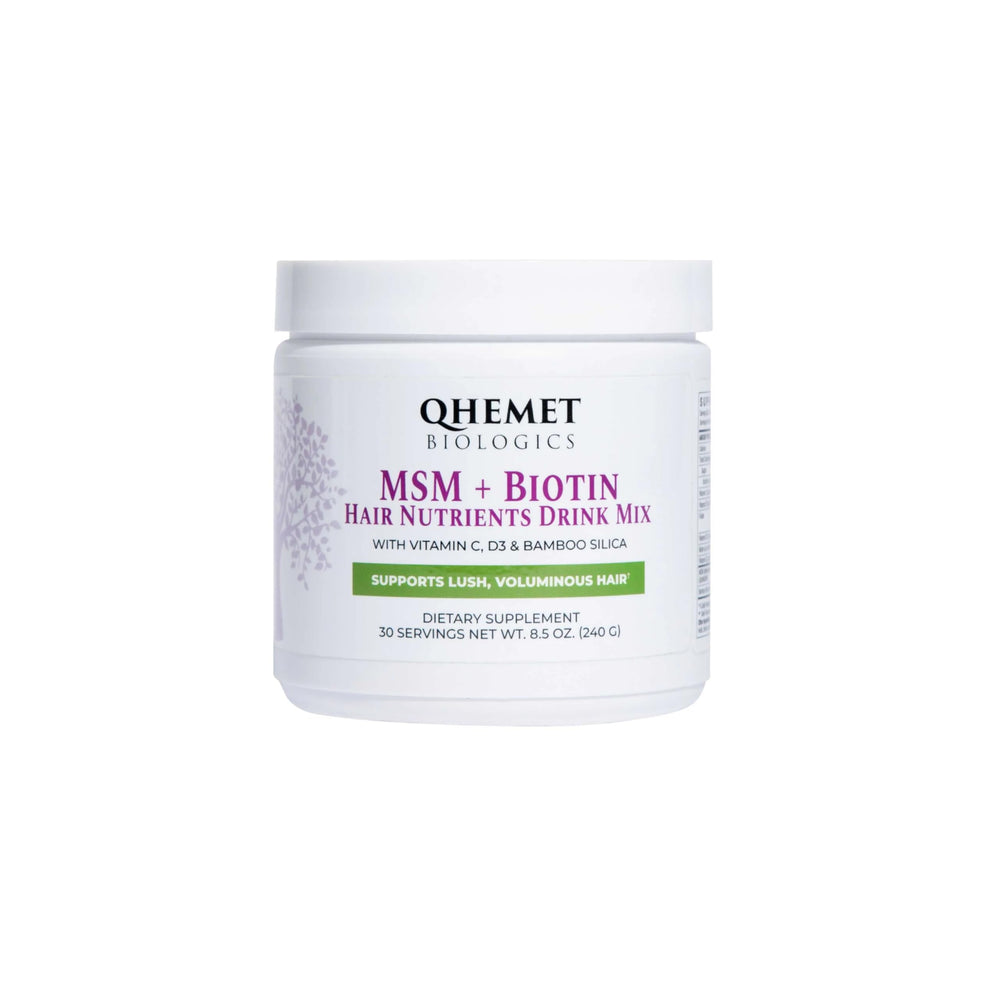 Qhemet Biologics MSM + Biotin bottle front highlights hair vitality and nutrient support