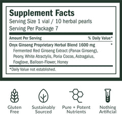Qi ALCHEMY Red Ginseng Pearls bottle back displaying honest supplement facts for transparency.