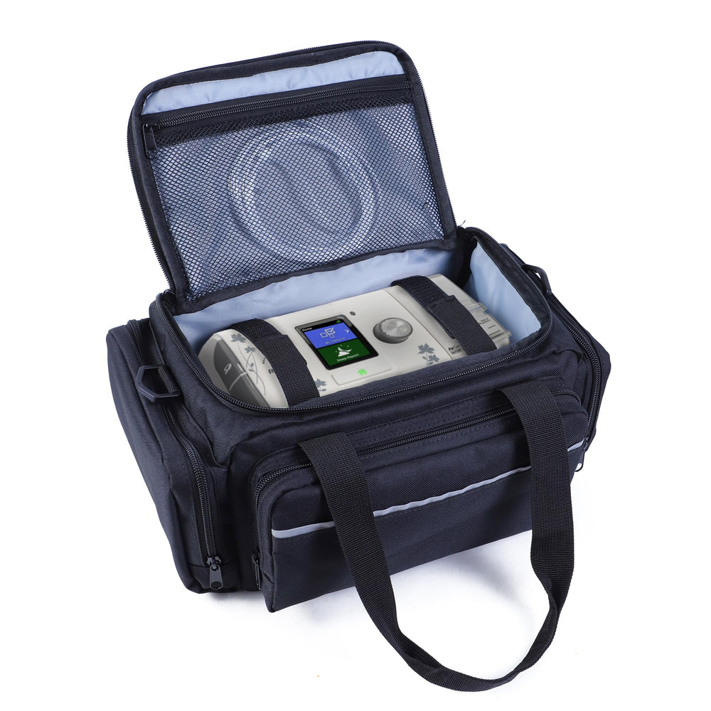 Qixotrz CPAP travel bag wraparound fixing strap secures the machine during transit.
