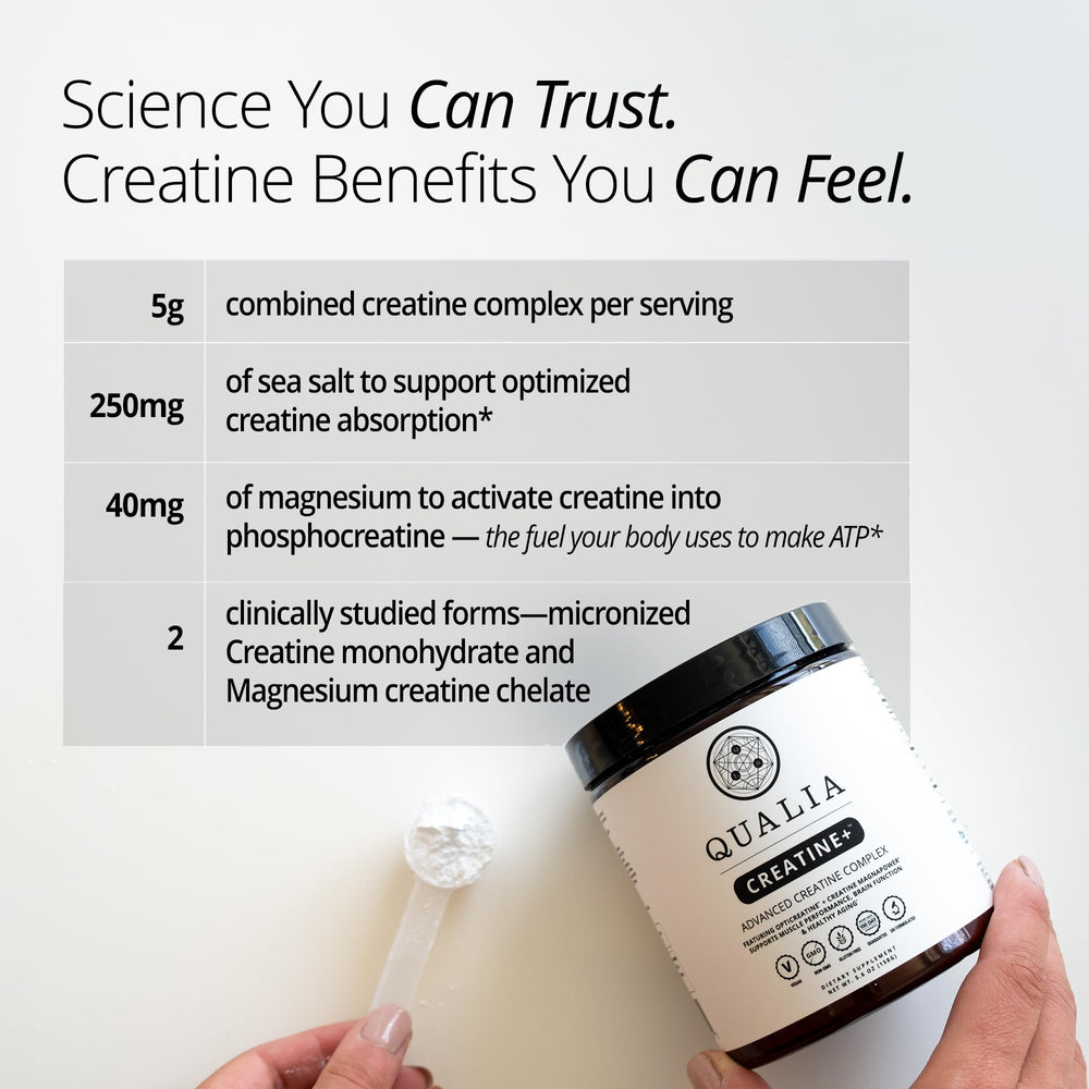 Qualia Creatine+ bottle stack communicates value and 30 servings.