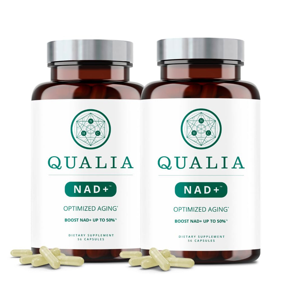 Qualia NAD bottle on shelf signaling premium energy support for daily use.