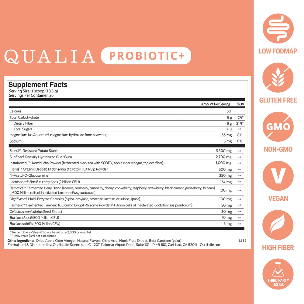 Qualia Probiotic scoop in glass demonstrates easy daily use