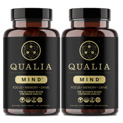 Qualia Mind bottle closeup with capsules that may support focused work.