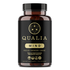 Qualia Mind bottle closeup with focus-enhancing nootropic blend