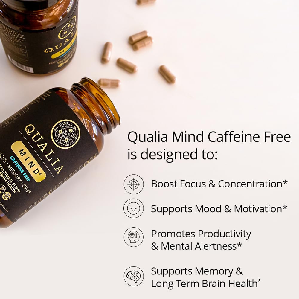 Close up of Qualia Mind caffeine free capsules for clarity and motivation
