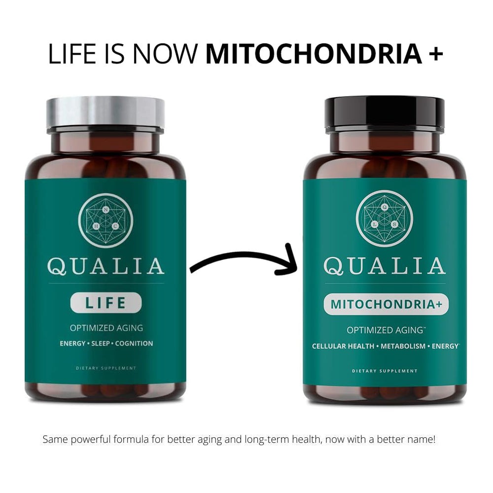 Qualia Mitochondria+ capsules close-up highlighting NAD+ boosting formula for metabolism.