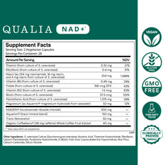Qualia NAD+ bottle label close-up highlighting Niagen and precursors