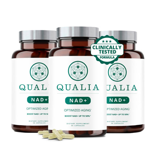 Qualia NAD supplement bottle promotes daily energy and focus.