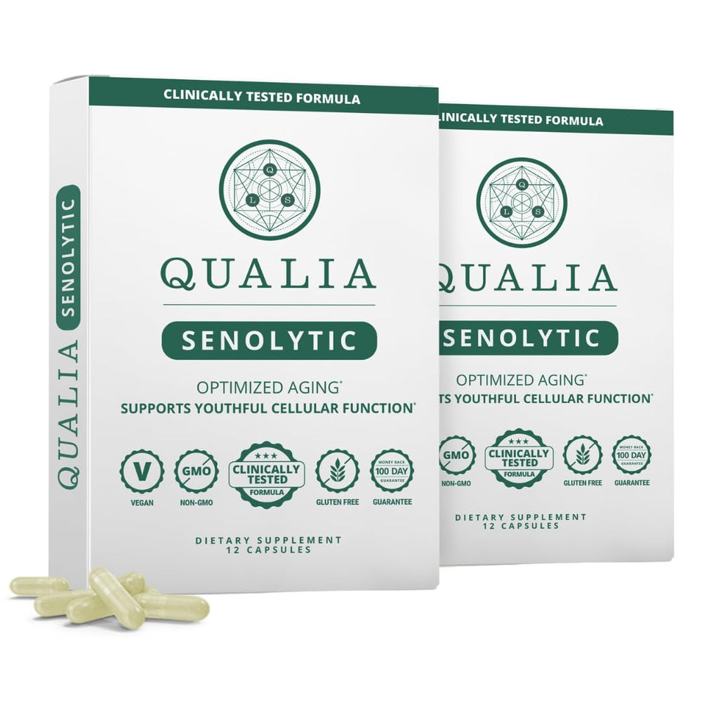 Qualia Senolytic bottle front with capsules, suggesting potential aging support.